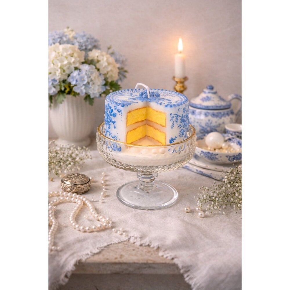 New Laura Ashley Blue White Toile Chic Decorative Floral Cake Scented Candle